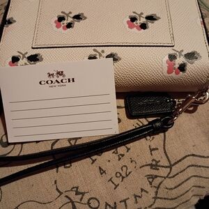 Coach Cream Floral Print Zip Wristlet with Black Strap